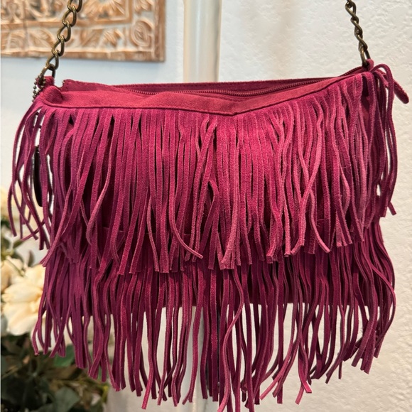 Chinese Laundry Fuchsia, Suede Leather, Chain Strap, Fringe Purse- 11”x8”x2.5” - Picture 13 of 16